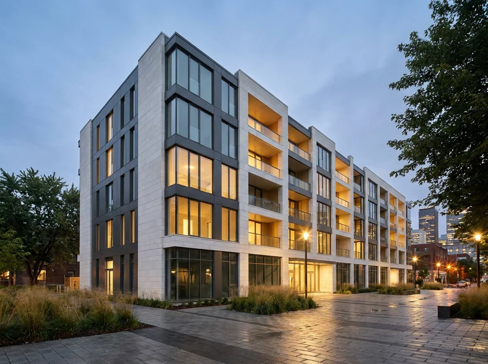 Edificio de condominios contemporáneo al atardecer